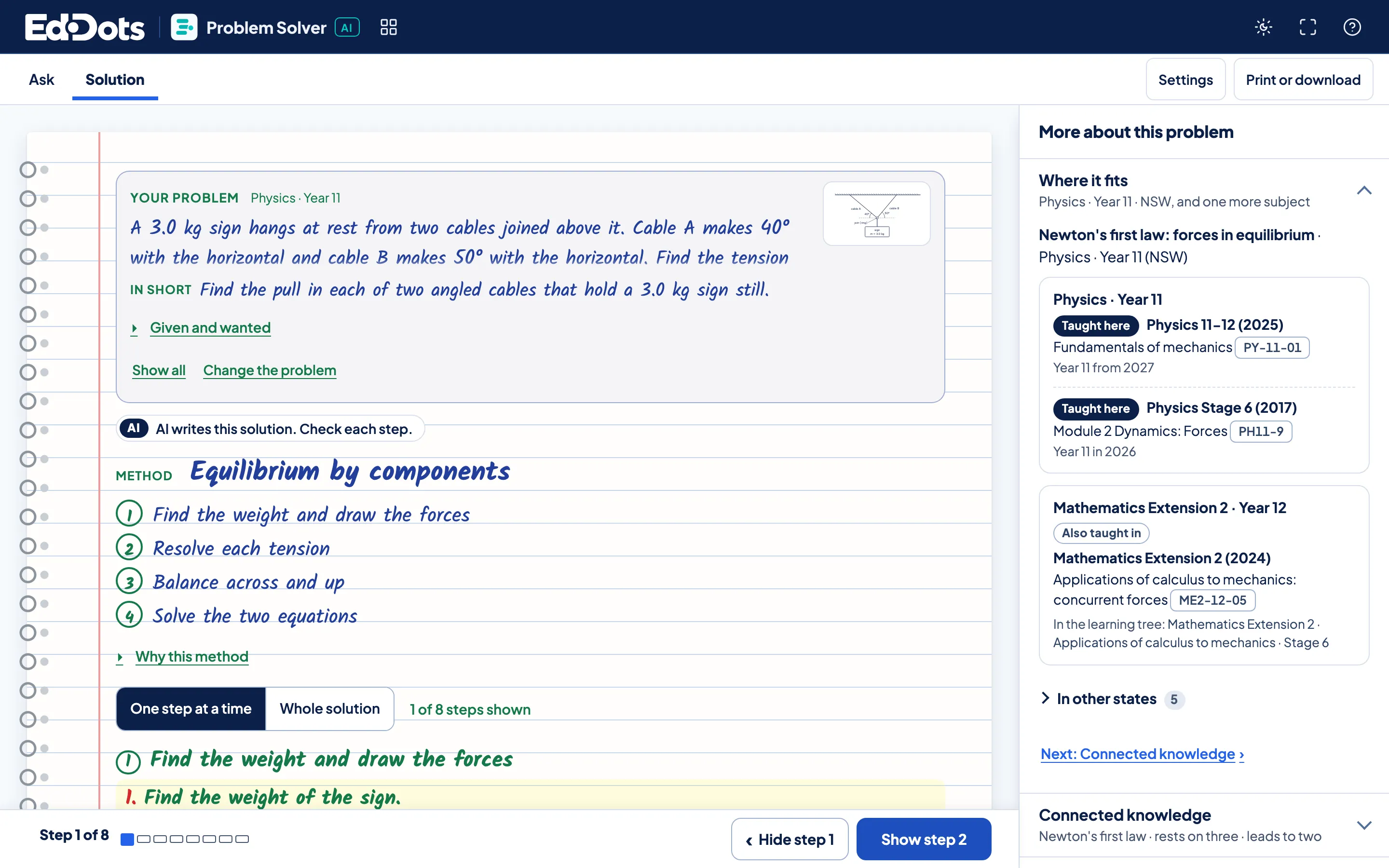 The Problem Solver’s Solution screen: the problem, its method in four steps and step 1 shown, with “Where it fits” in the side panel.